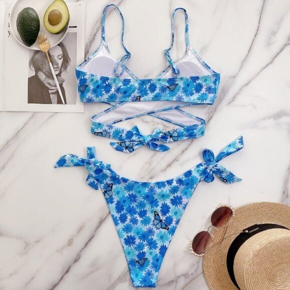NEW White Blue Butterfly Floral Bikini Swim Set Size Large - Picture 4 of 11